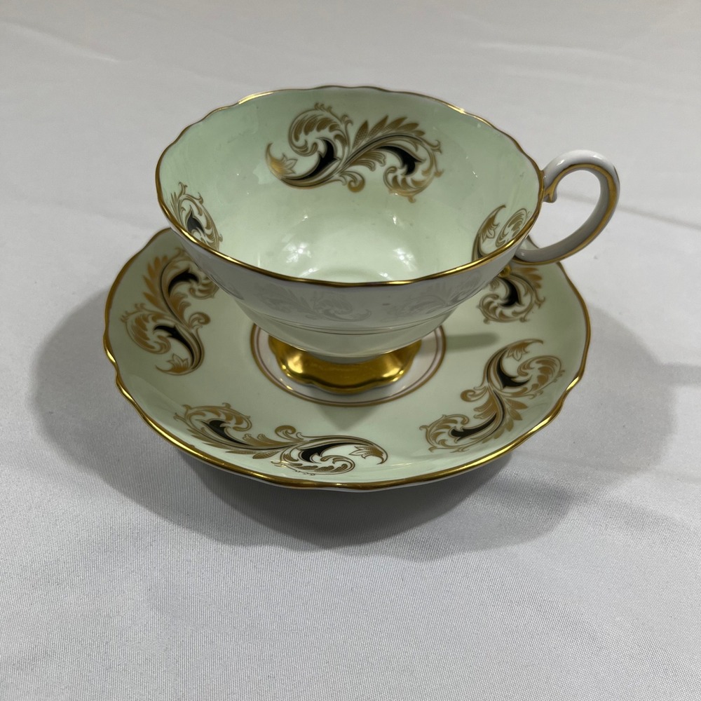 Crown Staffordshire Tea Cup Saucer Set Mint Green Gold Scroll Vintage
